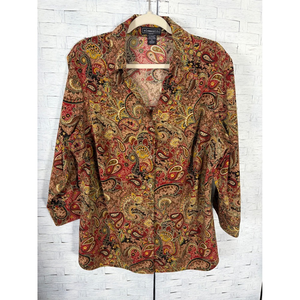 Elementz Womens Blouse Paisley Button Up 3/4 Sleeve Earth Tone Fall Plus Size‎